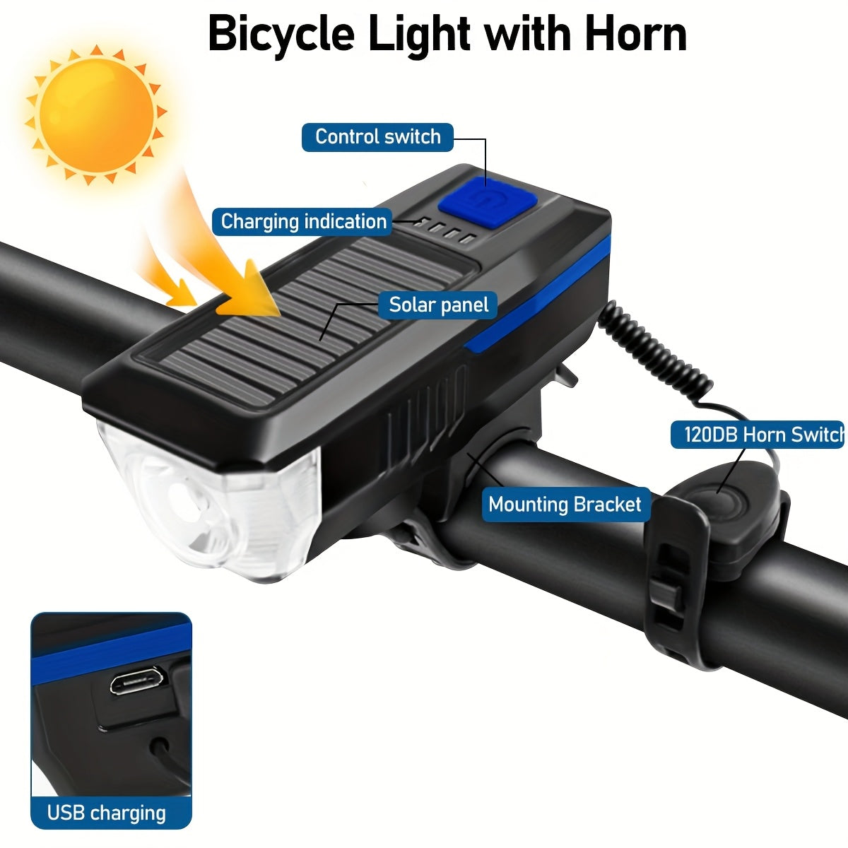 ⚡Luz LED Solar Bicicleta con Bocina | Batería Litio | IPX4 | Energía Limpia | Ideal Ciclistas | NUEVO 🚲