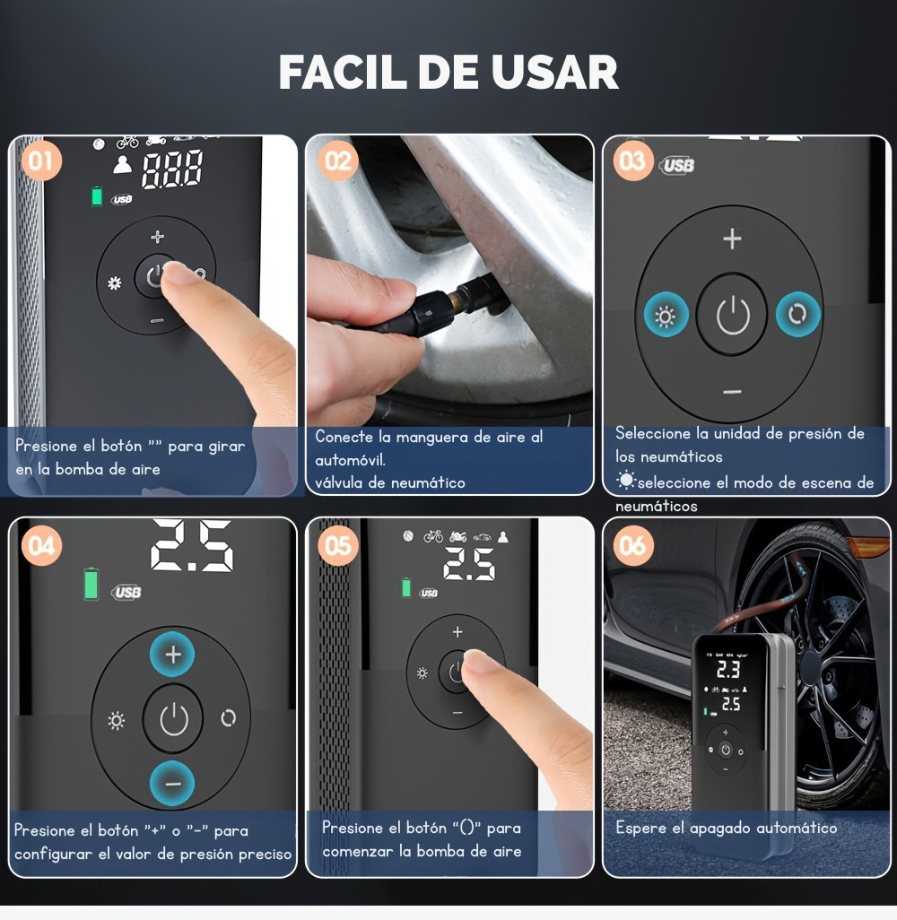 🚗💨 Compresor Aire Portátil CARSUN - Automovil/Moto/Bicicleta - Batería Recargable ⚡📱