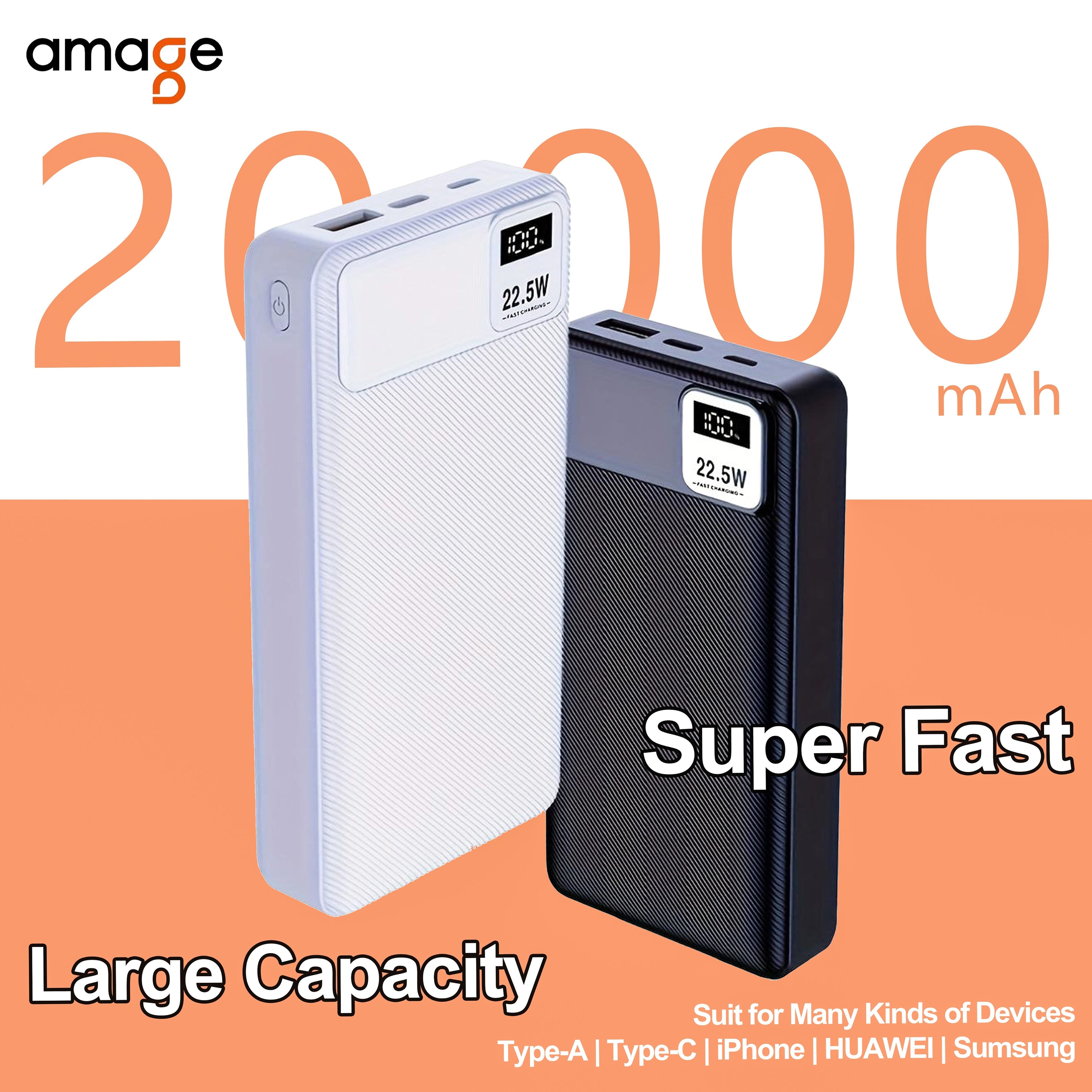 🔋Cargador Portátil!!! AMAGE 20000mAh / Batería Externa / Pantalla Digital / Carga Súper Rápida⚡